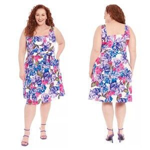 London Times Plus Size 14W Lilac Floral Print Linen Blend Square-Neck Dress NWT